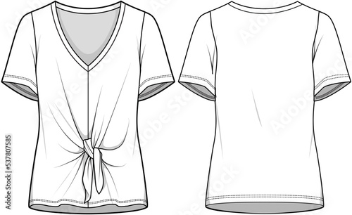 Front Knot V-neck Short Sleeve Top, Blouse Front and Back View. Fashion Illustration, Vector, CAD, Technical Drawing, Flat Drawing, Template, Mockup.	
