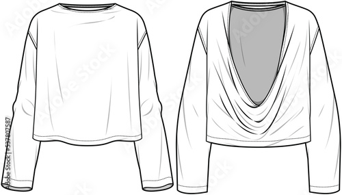 Long Sleeve Draped Back Top Front and Back View. Fashion Illustration, Vector, CAD, Technical Drawing, Flat Drawing, Template, Mockup.