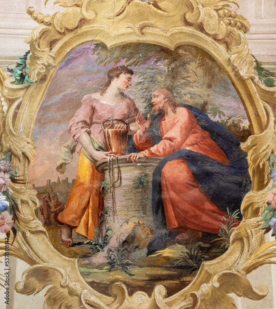 CHIAVENA, ITALY - JULY 20, 2022: The fresco of Jesus and the Samaritan woman at the the well in the church San Lorenzo Filippo Fiori e Giovanni Maria Giussani from Como (1759).