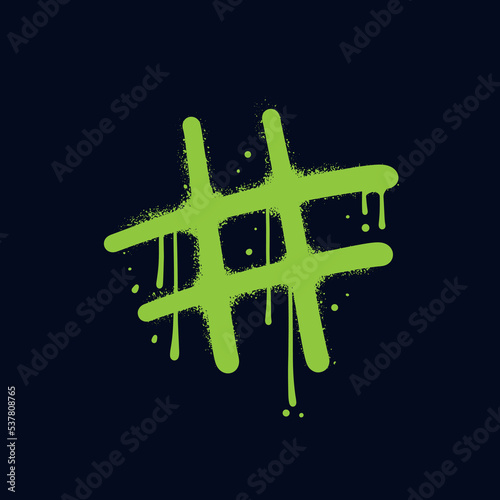 Sign of hashtag - Urban street graffiti lettering in grunge y2k style. Splash effects and drops texture. Neon green symbol is sprayed on black background. Vector hand drawn illustration,