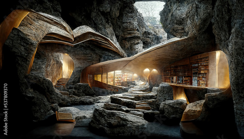 Photo AI generated image of a conceptual modern library built inside an old cave