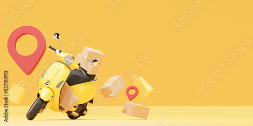 3D rendering yellow Delivery Bike Courier service.Fast Delivery motorcycle concept design .cardboard boxes.Gps icon and shopping bag