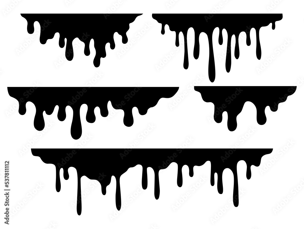 Set of drip borders. Dripping liquid. Flow of paint. Flowing paint