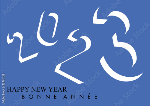 Carte de vœux 2023 sur fond bleu, avec un graphisme sobre et dynamique pour présenter ses vœux en français et en anglais.