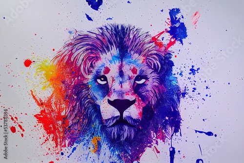 Illustration of colorful lion in paint splashes. Majestic portrait. Big head of animal, dripping oil and water painting of a wild mammal. Watercolor drawing. 3D illustration.