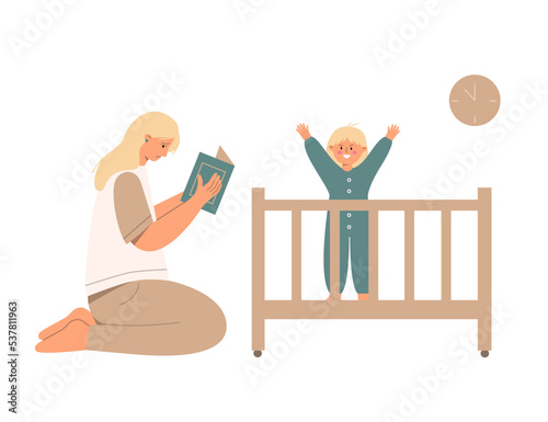 Tired mom tries to put naughty child to bed. Difficulties of motherhood. 
