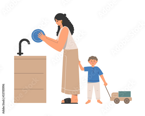 Difficulties of motherhood. Young mom is tired of routine and babysitting. 