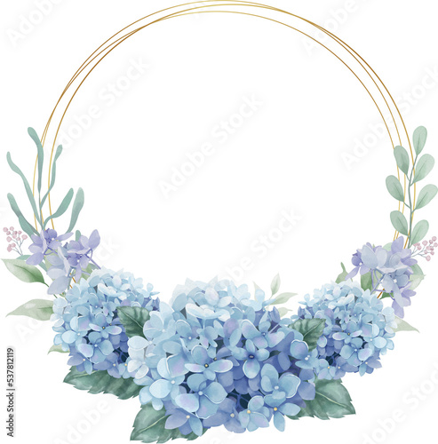 Hydrangea flowers with golden round frame