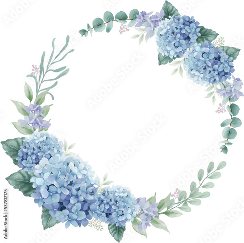 Wreath of hydrangea flowers and eucalyptus