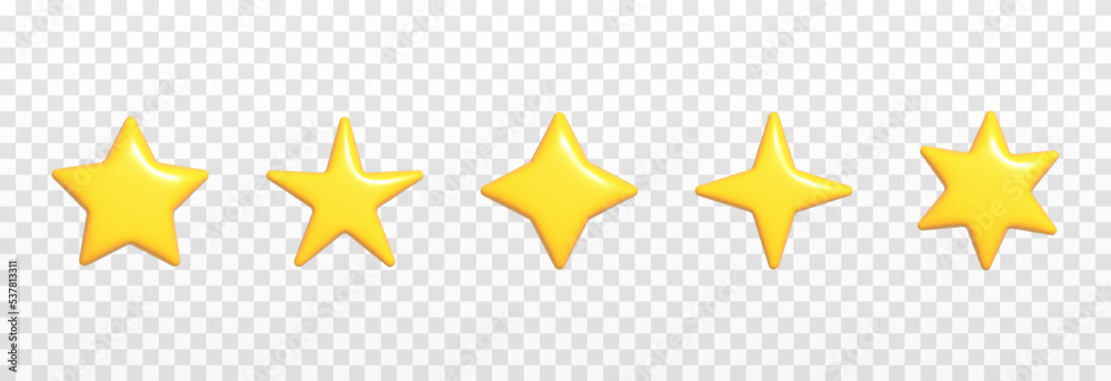 Vector set of glossy stars on an isolated transparent background. Yellow stars of different shapes PNG. Website design.