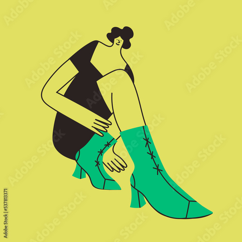 Abstract lady with big green boots and small head. Cute disproportionate character. Stylish, fashion person. Hand drawn isolated Vector illustration. Print, logo, design template photo