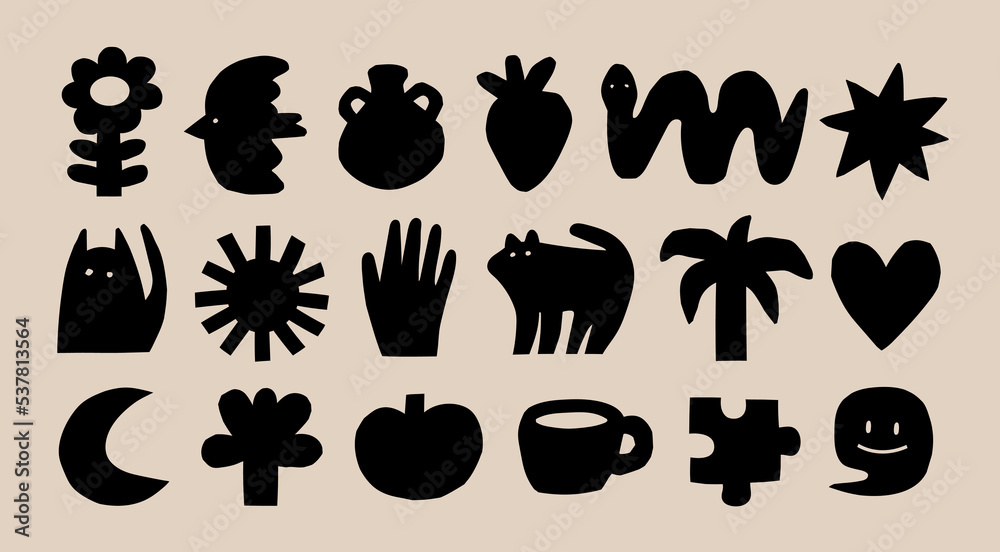Various abstract elements. Cat, bird, flower, snake, cup, moon, heart, jug. Quirky shapes. Hand drawn doodles. Contemporary trendy Vector illustration. Set of black icons. All elements are isolated Various abstract elements. Cat, bird, flower, snake, cup, moon, heart, jug. Quirky shapes. Hand drawn doodles. Contemporary trendy Vector illustration. Set of black icons. All elements are isolated