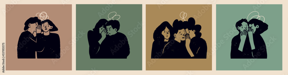 Various people whispering secrets into ears. Talking something to other person, gossip, rumor, secret, confusion concept. Hand drawn Vector illustration. Cartoon style. Cute characters set