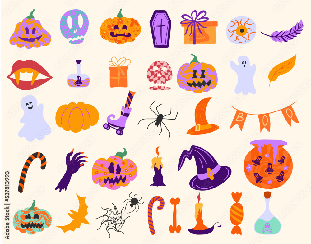 Obraz premium Vector set retro groovy elements for Halloween party with handwritten calligraphy and traditional symbols for printing social media 