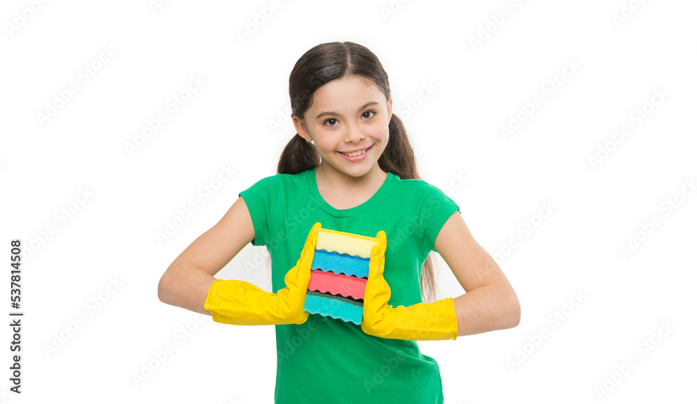 For sparkling results. Cleaning with sponge. Cleaning supplies. Girl wear protective gloves for cleaning hold sponges white background. Housekeeping duties. Household concept. Helpful daughter For sparkling results. Cleaning with sponge. Cleaning supplies. Girl wear protective gloves for cleaning hold sponges white background. Housekeeping duties. Household concept. Helpful daughter