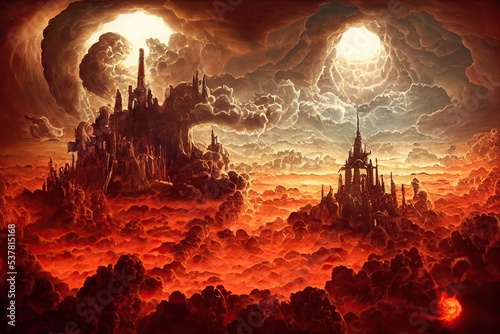 Reign of hell surrounded by fire with castle and hellish city. Ascending to heaven gates from hell with clouds and light. Religion concept of heaven and hell. 3D illustration and Halloween theme.