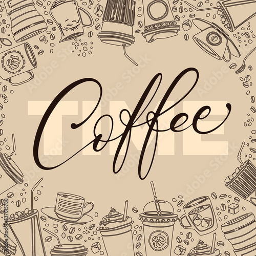 Vector beige color banner for marketing campaign, advertising, promotions. Hand drawn various linear coffee cups, mugs, frappe glasses, coffee beans, sugar and spoons around the text Coffee time.