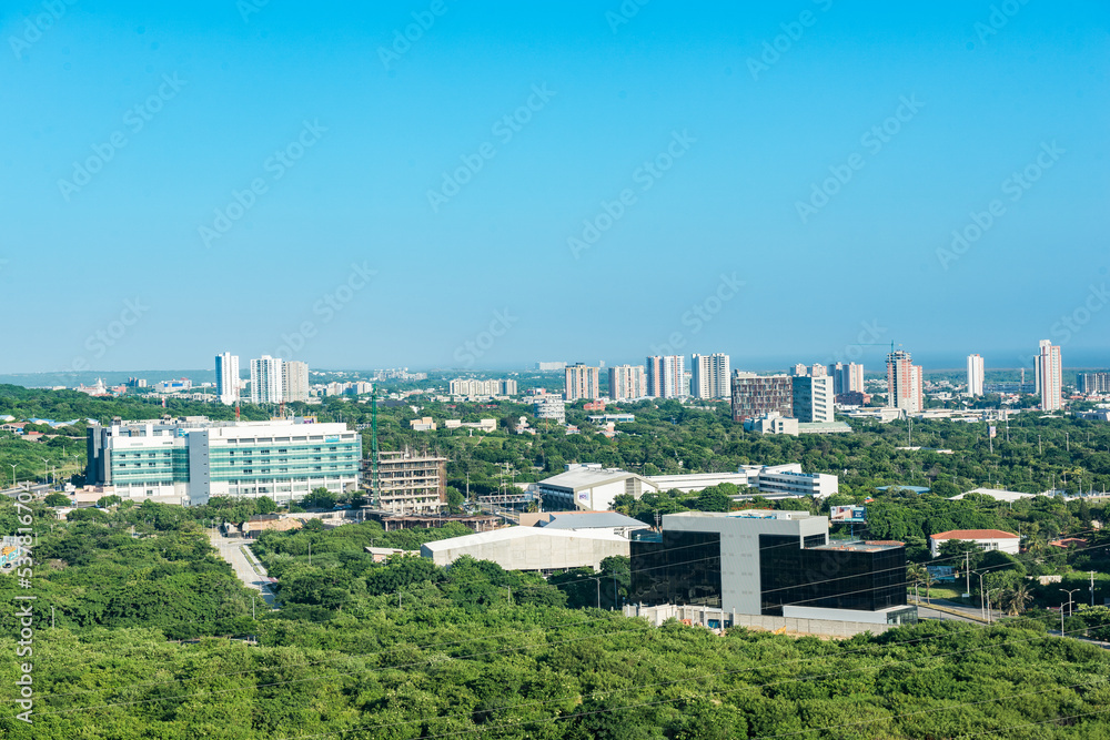 Barranquilla, Atlantico, Colombia. July 30, 2022: Panoramic and urban landscape of the city with blue sky.