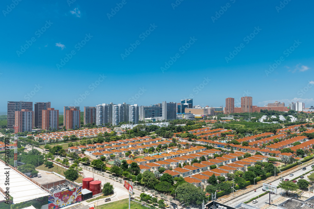 Barranquilla, Atlantico, Colombia. July 30, 2022: Panoramic and urban landscape of the city with blue sky.