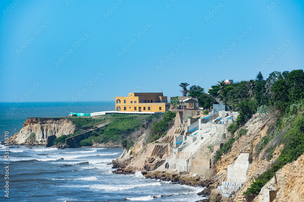Barranquilla, Atlantico, Colombia. July 30, 2022: The Castle of San Antonio de Salgar by the sea and blue sky.