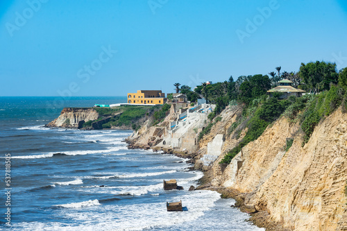 Barranquilla, Atlantico, Colombia. July 30, 2022: The Castle of San Antonio de Salgar by the sea and blue sky. photo