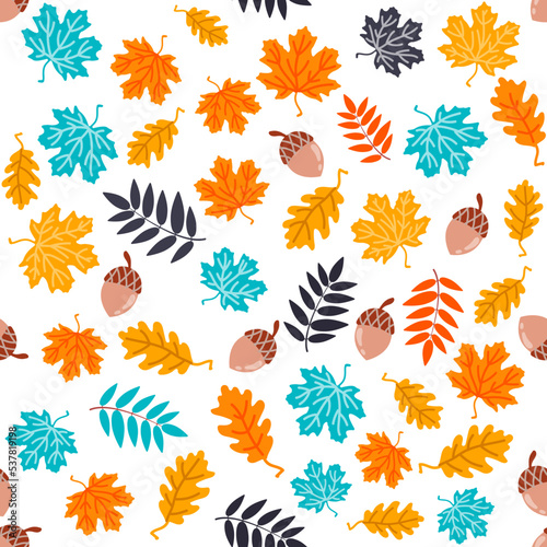 Vector seamless multicolored autumn pattern with leaves and acorns. Ideal for clothing design, wallpaper, wrapping paper, packaging, fabric