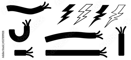 Voltage, short circuit pictogram Cartoon electric plug. socket, electricity, power logo or symbol. Power plugs and cable. Socket plug adapter. Wire, cable of energy icon. broken power wire