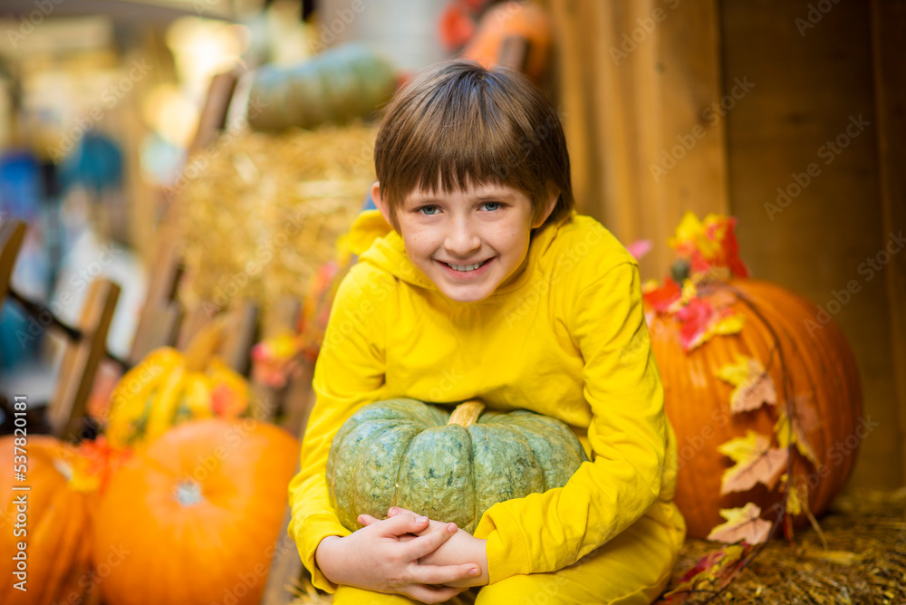 happy boy sits on the hay and hugs the pumpkin at the farm. joyful child celebrates thanksgiving day. happy boy sits on the hay and hugs the pumpkin at the farm. joyful child celebrates thanksgiving day.
