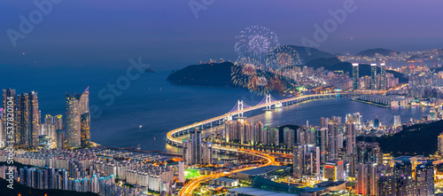 Panoramic view of Busan South Korea at night South Korea landscape at nigh and fireworks