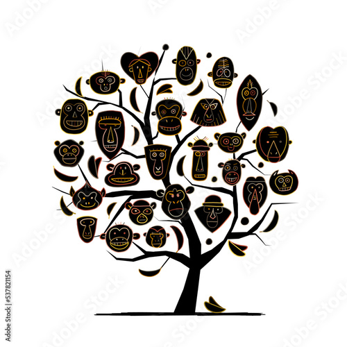 Monkey family tree. Sketch for your design. Childish style