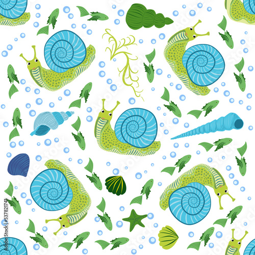 Snail, sea inhabitants seamless pattern, beautiful character among seashells, seaweed, starfish, sea animals of wildlife