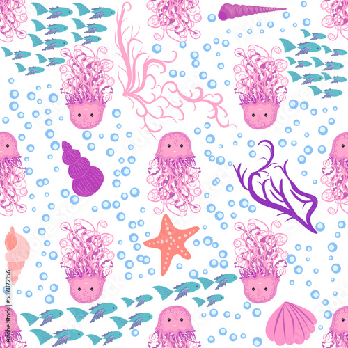 Seamless pattern with detailed transparent jellyfish. Childish seamless pattern with cute hand drawn fishes and jellyfishes in doodle style. Trendy nursery background