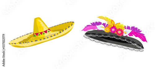 Mexican hats. Sombrero for men and Catrina type hat for women. Traditional wear on the Day of the Dead