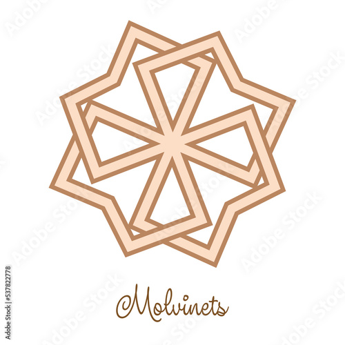 Molvinets, a Slavic symbol decorated with Scandinavian weaving ornaments. Beige trendy, design with runes
