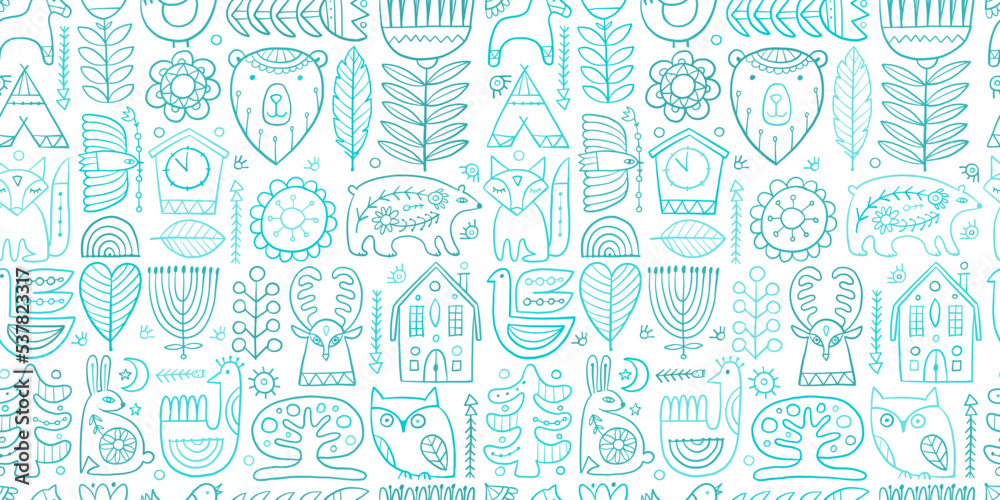 Nordic Ornament. Forest Animals, Folk Background. Seamless pattern for your design