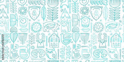 Nordic Ornament. Forest Animals, Folk Background. Seamless pattern for your design