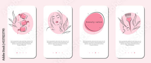 Beauty salon icon set. Beautiful woman face, nail polish, scissors and hair brush. Vector illustrations