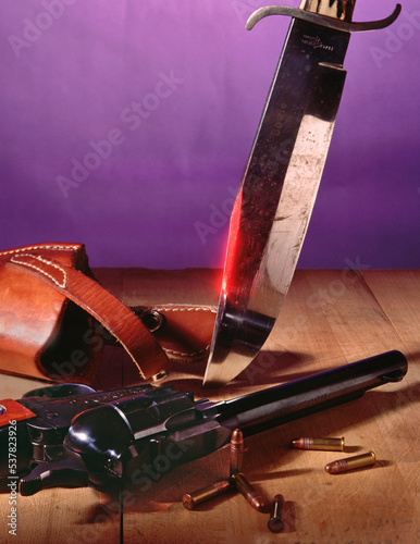 bowie knife and pistol still life