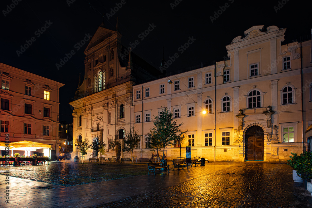 Saints Peter and Paul Garrison Church in Lviv at night