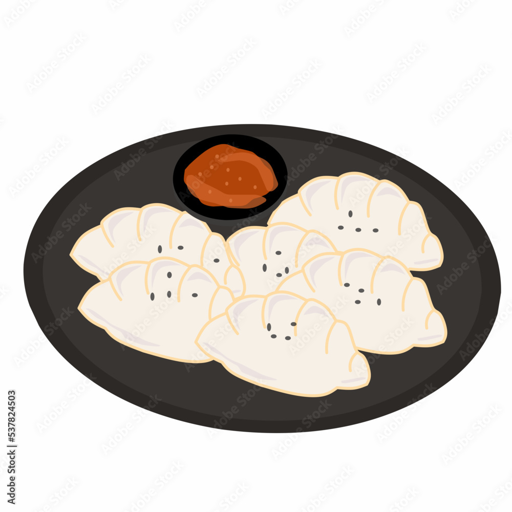 Korean Mandu Dumplings, made from flour dough and filled with seasoned chicken. Served on a plate with chili sauce
Korean Mandu Dumplings, made from flour dough and filled with seasoned chicken. Served on a plate with chili sauce