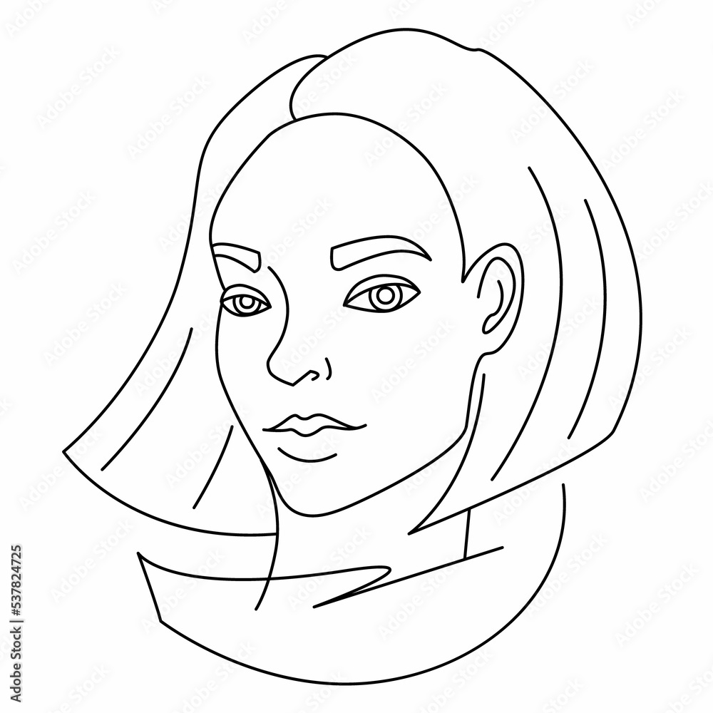 Girl's face with short haircut, linear drawing, black outline on the