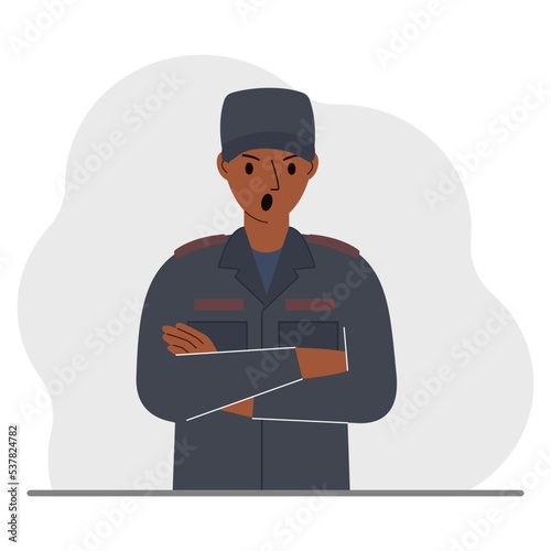 Police man. Profession policeman, security guard, patrolman in uniform.