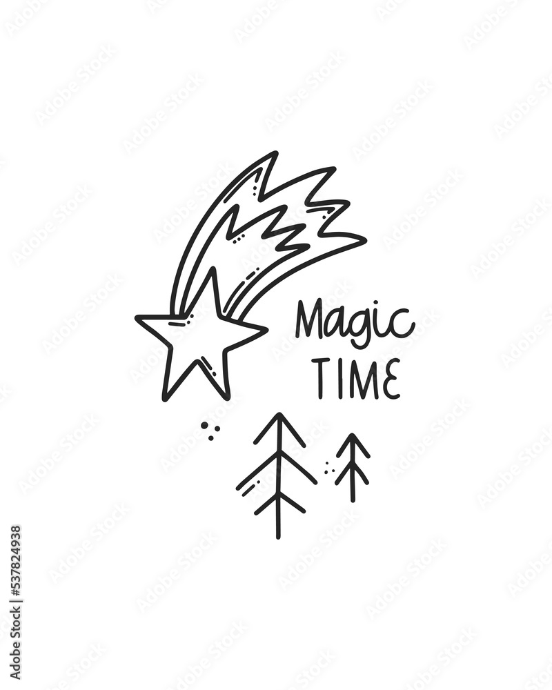 Black outline cute minimalistic illustration of Christmas greeting card with lettering quote, colorful star, xmas tree and decorations. Doodle vector winter drawing isolated on white background.