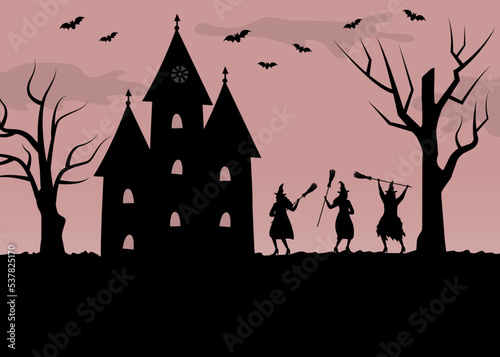 Halloween coven. Witches dance with brooms. Black silhouettes of women, castle and trees on pink background. There are also bats in the picture. Halloween party template. Vector illustration