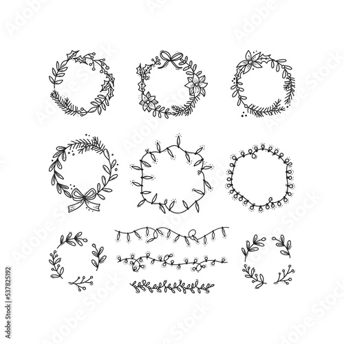 Black outline collection of hand drawn Xmas wreath with gift bow, garland, holly flower, lettering quote and decorations. Doodle vector illustration isolated on white background. Line art.