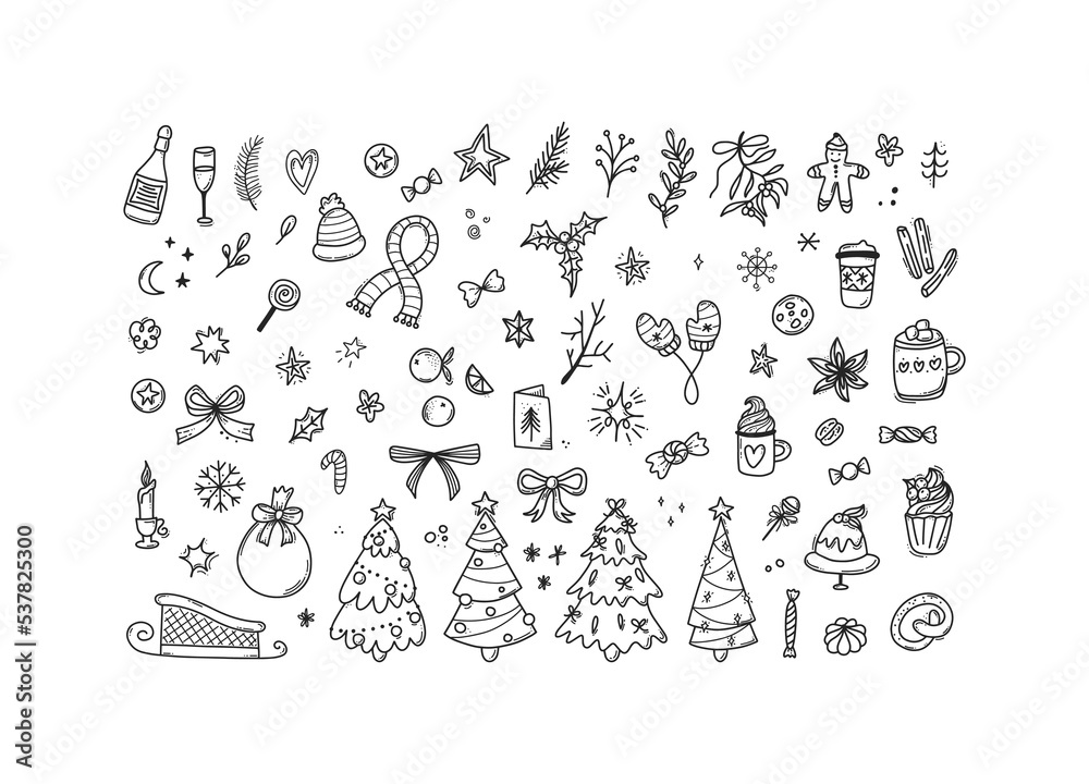 Black outline Christmas doodle set. Hand Drawn new year collection, xmas tree, sweets. Winter design doodle elements in line art style. Vector illustration isolated on white background. Black outline Christmas doodle set. Hand Drawn new year collection, xmas tree, sweets. Winter design doodle elements in line art style. Vector illustration isolated on white background.
