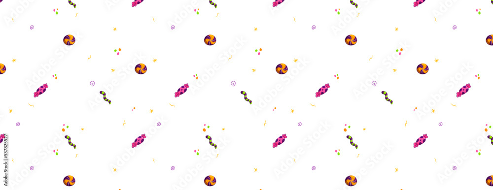 Halloween pattern seamless on white background, confetti, candy, lollipops