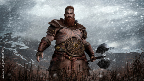 A brutal northern warrior close-up with a big belt on his belly stands in the mountains under the snow. A strong Viking with a red beard in leather armor with a silver ax in his hand, 3d illustration.