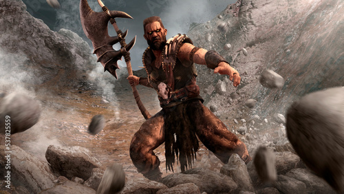 Billede på lærred Mountain warrior, barbarian in leather armor with a large ax in his hand among falling stones and rocks