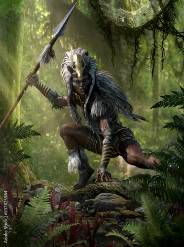 Fantasy character, a mysterious Amazon in clothes and a headdress made of skin and feathers with a golden skull on her head. Woman warrior, hunter with a spear in hand in the jungle, 3d illustration.